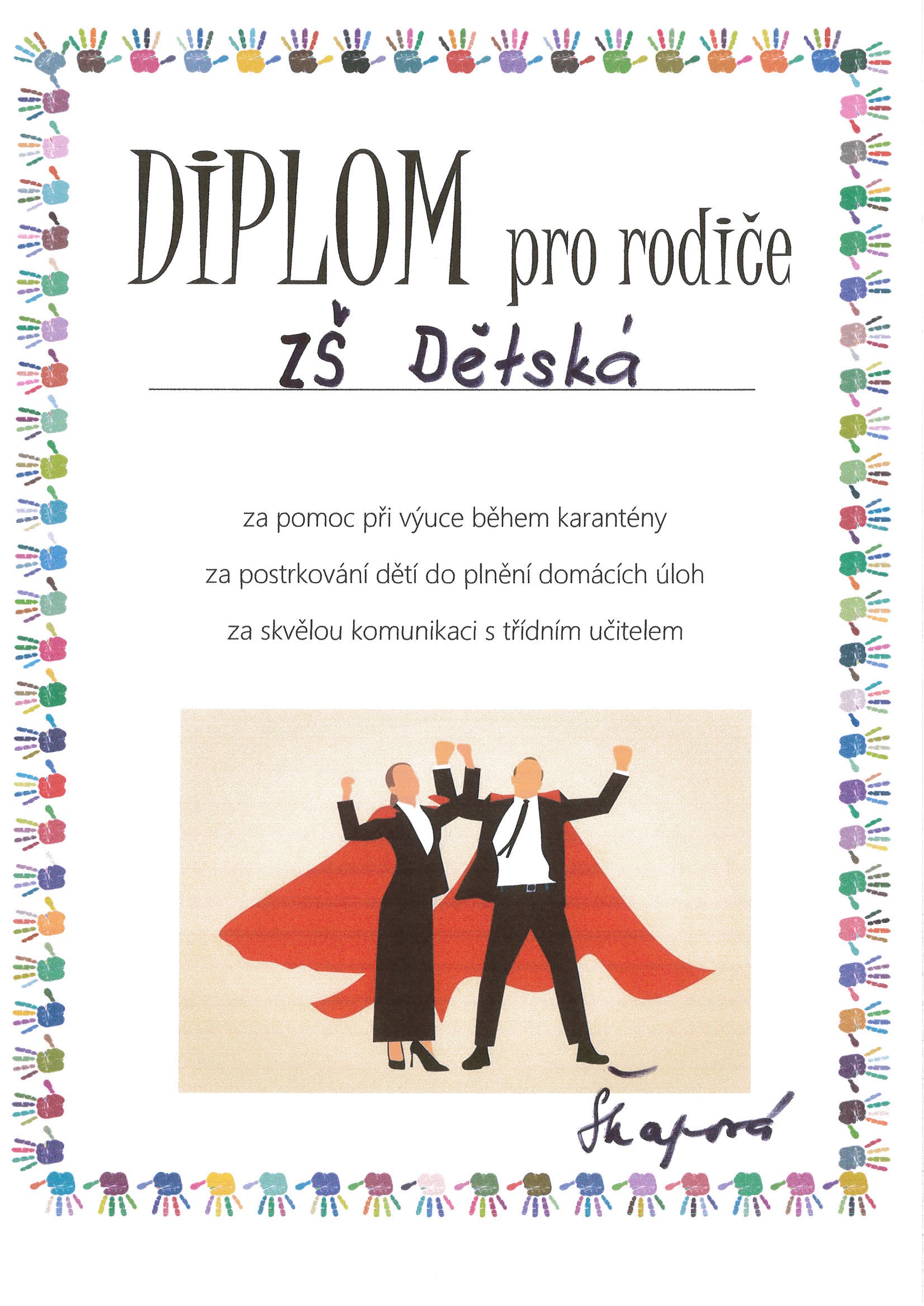 Diplom pro rodiče za pomoc při výuce v době uzavření školy